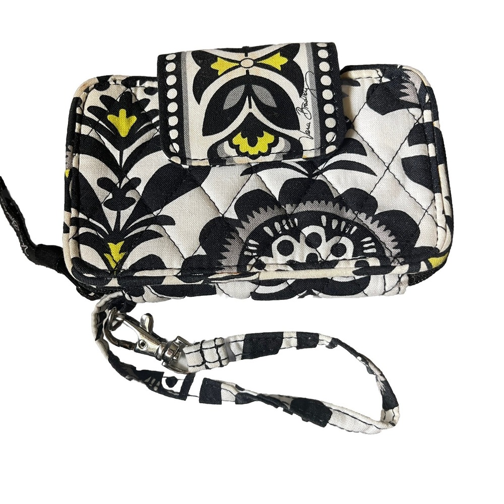Vera‎ Bradley Baroque Zip Around Wallet Wristlet Black Yellow Logo